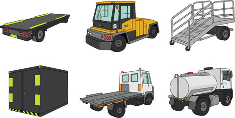 A comprehensive set of airport ground support equipment including baggage carts, tugs, passenger stairs, cargo containers, flatbed loaders, and fuel trucks.