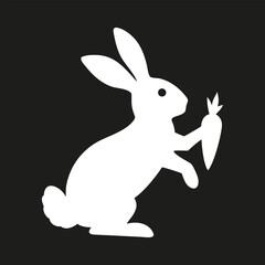 Obraz premium Bunny with carrot icon silhouette side view. Vector logo of a rabbit. White illustration isolated on black background.
