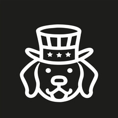 White dog head icon silhouette wearing Uncle Sam hat on black background, patriotic minimal vector illustration symbolizing USA pride, independence and national celebration.