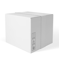 Naklejka premium White cardboard box mockup with shipping symbols, sealed with tape.