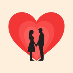 A romantic silhouette of a couple holding hands in front of a heart