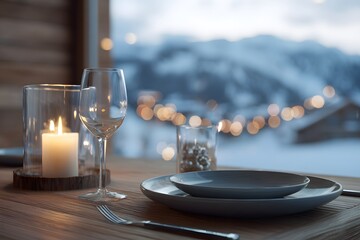 Minimalist alpine table setting with candle and snowy mountain view at dusk