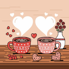 Two lovely cups of coffee, adorned with hearts, creating a romantic atmosphere, with cookies in the shape of heart, and a vase of roses. Perfect for Valentine's Day!