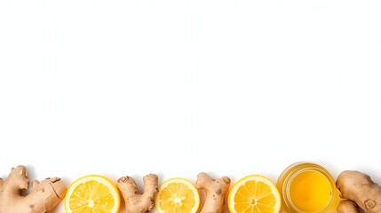 Aromatic Ginger and Lemon Elixir: An inviting composition of fresh ginger roots and vibrant lemon slices along with a glass of refreshing juice, suggesting a healthful, zesty start to the day. 