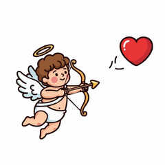 An adorable cupid aims his arrow at a red heart, symbolizing love and affection
