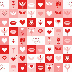 A collage of valentine elements: hearts, roses, arrows, lips, and wings arranged in a grid pattern. This design creates a charming and festive backdrop for celebrating love
