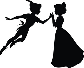Black Silhouette of Flying Fantasy Boy and Young Girl in Long Dress, Magical Fairy Tale Characters, Romantic Dreamy Storybook Adventure Illustration,