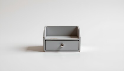 A small, grey box is placed on a surface against a white background.