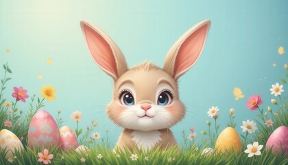 Cute Bunny with Easter Eggs and Colorful Flowers in a Landscape