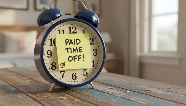 Retro Blue Alarm Clock with Yellow Sticky Note on Rustic Wooden Surface &ndash; Paid Time Off Reminder Concept
