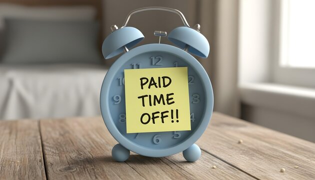 Retro Blue Alarm Clock with Yellow Sticky Note on Rustic Wooden Surface &ndash; Paid Time Off Reminder Concept
