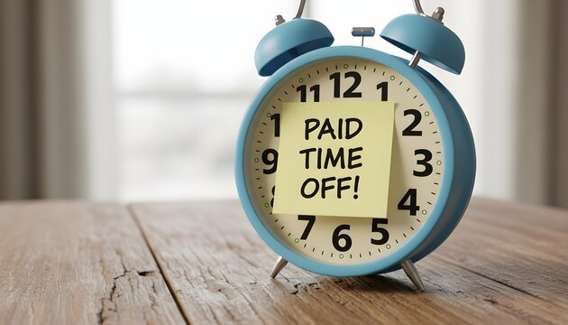 Retro Blue Alarm Clock with Yellow Sticky Note on Rustic Wooden Surface &ndash; Paid Time Off Reminder Concept
