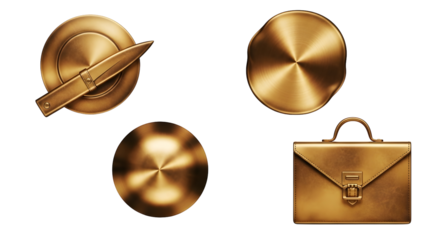 Set Of Four Golden Business Icons Featuring A Briefcase, Knife On A Circle, And Two Circular Brushed Metal Textures, Isolated On Transparent Background