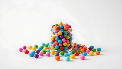 A glass jar filled with brightly colored candy pieces is prominently displayed in front of a plain background, suggesting a sweet themed context or advertisement for candies.