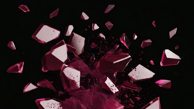  Red fragments disintegrating into black dust, frozen in macro time-freeze Dynamic breakup motion with suspended debris and slow camera orbit 4K