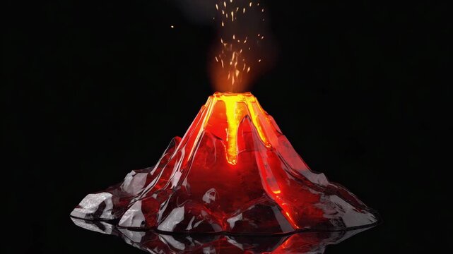 Red glass volcano erupting glowing embers, filmed with a macro aerial pan Light scattering through shards creates a cinematic molten eruption 4K