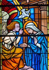 Stained glass of Annunciation to the Blessed Virgin Mary by the Archangel Gabriel.