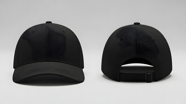 Front and back view of a sleek, minimalist black baseball cap on a clean background