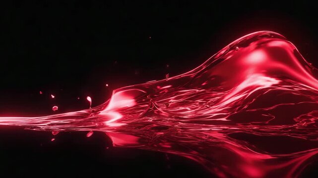  Red energy wave crashing over transparent glass, shot with a fluid simulation-style motion The camera flows dynamically with the wave, capturing reflections and distortion 4K
