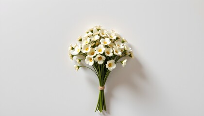 An artistic shot features a bouquet of white flowers with green foliage, held aloft by two hands, set against a minimalist background of a white wall that gradually transitions to gray at the bottom
