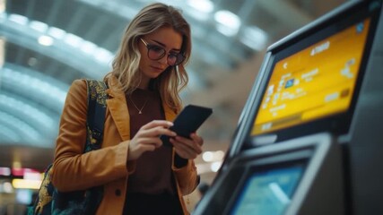 A stylish woman interacts with a digital kiosk at a modern airport. She checks her phone for information. Travel becomes easier with technology. Generative AI - Powered by Adobe