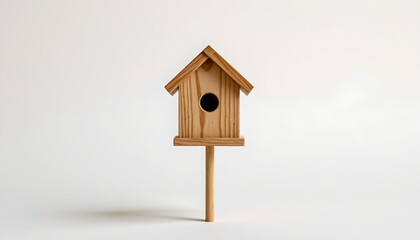 A single wooden birdhouse with a small entry hole is placed on a thin wooden post against a plain, light colored background. The birdhouse appears to be a simplistic design intended for a small bird