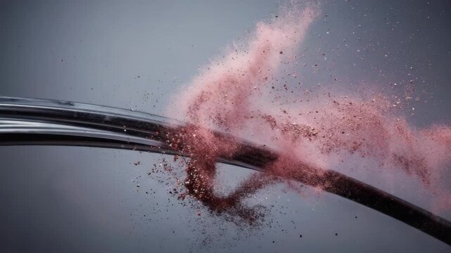  Red dust colliding with black metal liquid, high-speed impact shot, suspended particles in soft backlight 4K