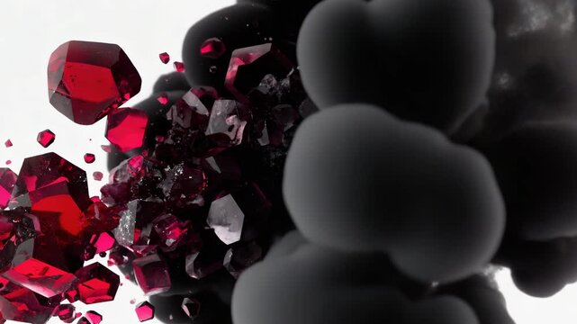 Red crystalline structures melting seamlessly into black ink, filmed in macro drift Fluid transitions and glowing gradients enhance organic transformation 4K