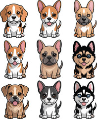 Cute Puppy Dog Character Collection Set with Different Breeds Beagle Bulldog Husky and Chihuahua Kawaii Animal Cartoon Vector Illustration Mascot Clip Art (22 words)