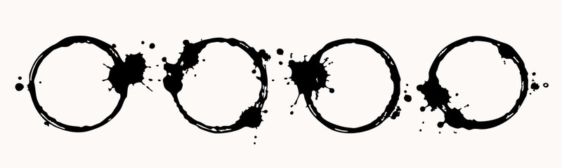 Mug bottom round marks. Coffee cup stains, wet stamp. Spilled liquid circle stain, print set. Hand drawn trendy Vector illustration. Isolated design elements