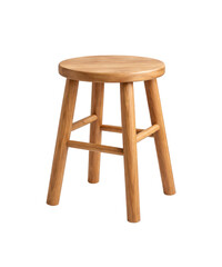 Minimalist wooden stool with a round seat and four sturdy legs, crafted from natural light brown wood. Clean simple design isolated on a white background, suitable for modern interiors, home decor 