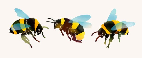 Flying puffy bumblebees or Bees. Spring, summer, nature concept. Hand drawn modern Vector illustration. Logo, print, sticker templates. Isolated design elements 