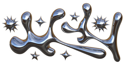 3D Chrome Liquid Abstract Shapes with Metallic Fluid Forms and Star Spark Elements Futuristic Modern Illustration on White Background