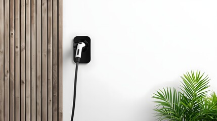 Electric Car Charger Station: A sleek electric car charger station installed on a clean wall with a touch of greenery, symbolizing eco-friendly energy and futuristic transport.