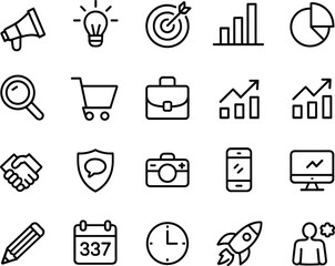 Minimalist Business and Marketing Vector Icon Set Featuring Growth Charts, Strategy Tools, Financial Analytics, Creative Ideas, and Professional Communication Symbols.