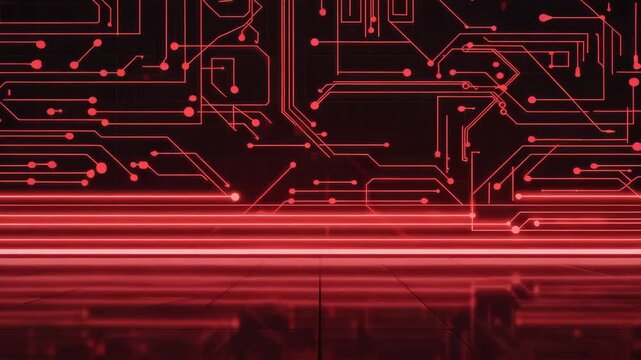 Red circuitry patterns illuminating a dark wall, filmed with a smooth dolly right Electric pulses and parallax reflections create depth 4K