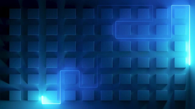 Abstract neon background with geometric shapes drawn by laser lines. 3d rendering illustration.