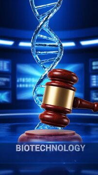 Digital Gavel Striking Over Futuristic Dna Helix Background, Concept for Genetic Engineering Law