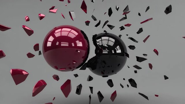  Red and black spheres colliding mid-air, captured in ultra slow motion with a zoom reveal Shattering impact particles and suspended motion enhance tension 4K.