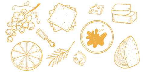 Cheese Clipart Set, Charcuterie Icons and Elements. Gourmet Food Clipart, Cheese, Grapes Pack. Cheeseboard Clipart Collection, Vector Food Pieces