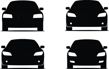 Set of Four Black Car Silhouettes Front View Icons Isolated on White Background for Automotive Design Vector Illustration and Graphics