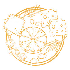 Cheese Platter Illustration, Charcuterie Plate Art. Gourmet Cheeseboard Graphic, Menu and Packaging. Artisan Cheese Plate, Food Label Art