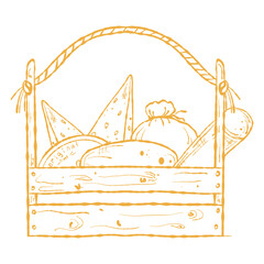 Cheese Crate Illustration, Rustic Basket of Dairy. Farmhouse Cheese Basket, Packaging and Label Art. Crate of Cheese