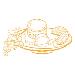 Cheese and Grapes Plate, Classic Charcuterie Illustration. Grapes and Cheeseboard, Gourmet Serving Graphic. Snack Plate, Menu and Label Art