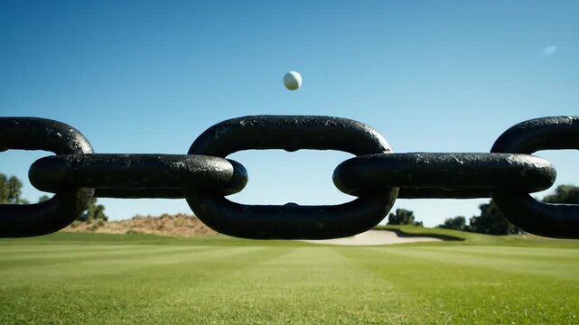 Golf ball suspended in a large metal chain over a golf course.