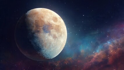 Obraz premium Detailed view of a moon-like planet illuminated in deep space against a vibrant cosmic nebula background