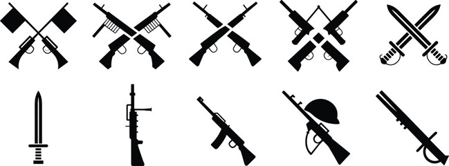 Set of Military Weapon Icons Featuring Crossed Rifles, Swords, Bayonets, and Soldier Helmet Silhouette for Heraldic Design and War Vector Graphics