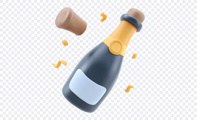 Stylized 3D vector champagne bottle popping with flying cork and confetti isolated on transparent background representing celebration party success and festive events