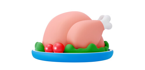 Cute 3D vector roasted turkey on plate with garnish isolated on white background representing thanksgiving holiday dinner celebration and traditional food concepts