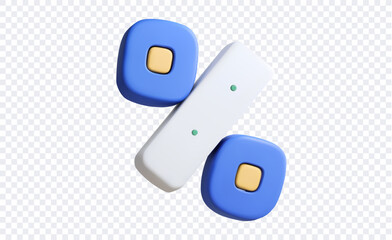 Minimal 3D vector percent symbol icon with rounded blue and white shapes isolated on transparent background representing discount finance pricing and marketing concepts